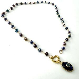 14k Gold Filled Wire Wrapped Blue Pearl Necklace, Lapis Lazuli/Labradorite Penda